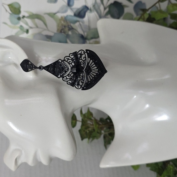 Statement Black Metal Filigree and Crystal Drop Earrings - Picture 9 of 10